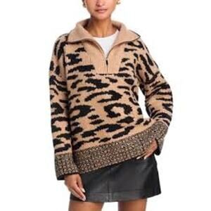Aqua Half Zip Long Sleeve Pullover Sweater Leopard Print Tan Black Small